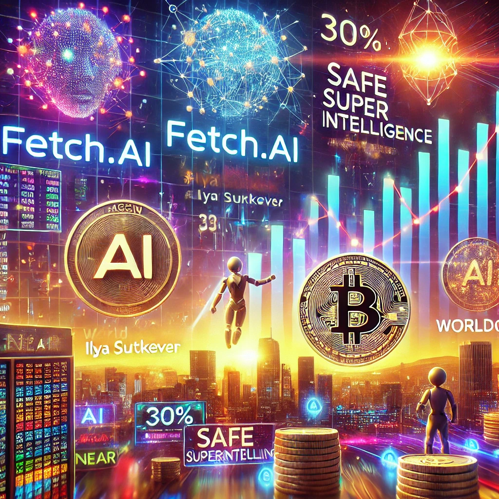 L'immagine rappresenta una scena vibrante e dinamica che illustra la rapida ascesa dei token AI nel mercato delle criptovalute.