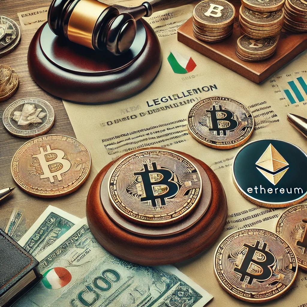 Simboli di criptovalute come Bitcoin ed Ethereum in un contesto di regolamentazione, rappresentando la nuova normativa sulle cripto-attività approvata dal Consiglio dei Ministri italiano.