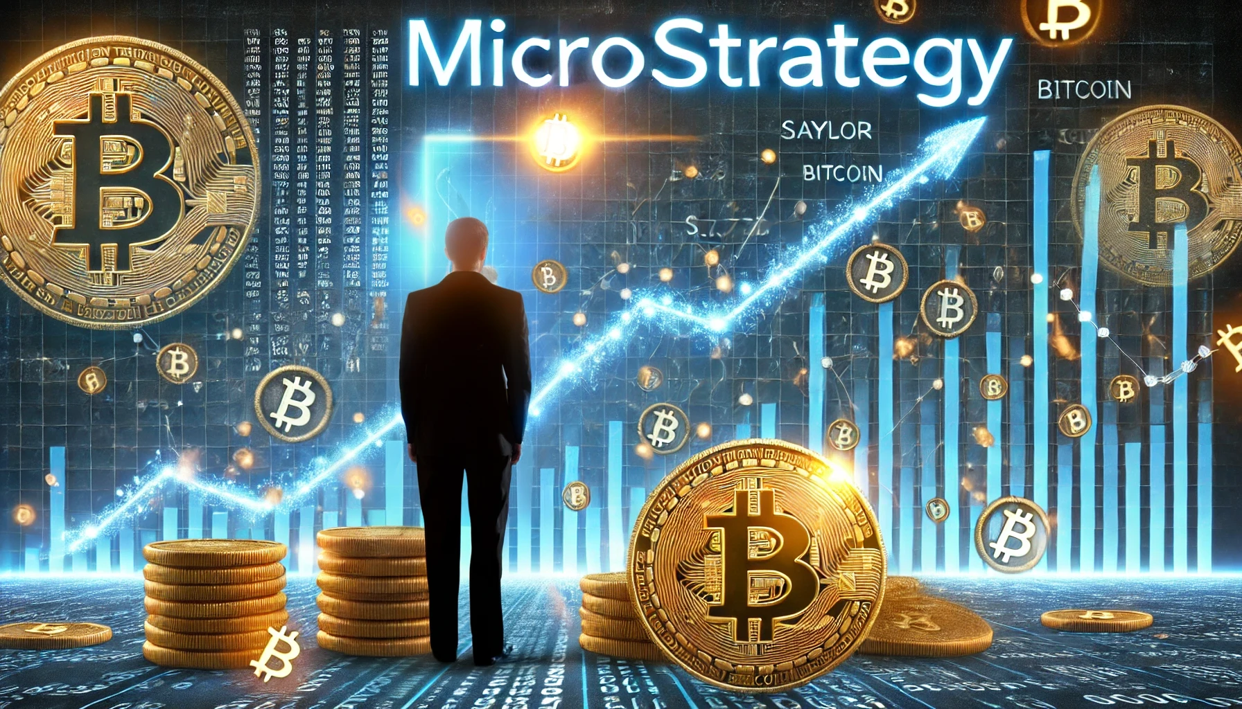 Un'immagine che mostra Michael Saylor con il logo di MicroStrategy