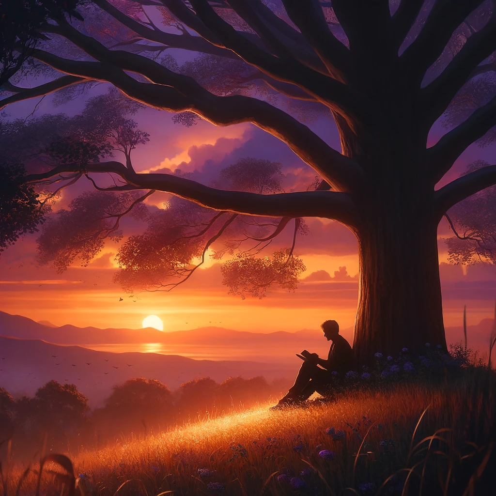 paesaggio al tramonto con un uomo seduto sotto