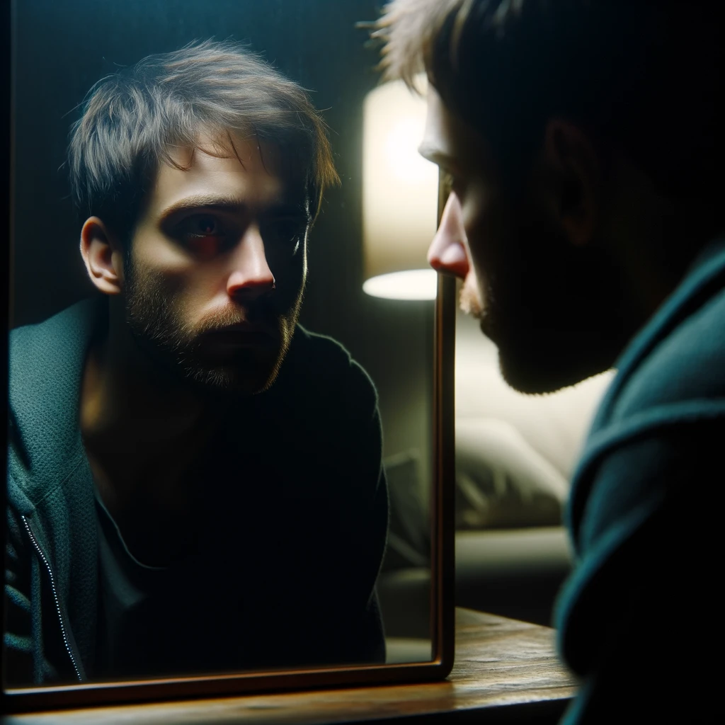 il proprio riflesso in uno specchio in una stanza scarsamente illuminata