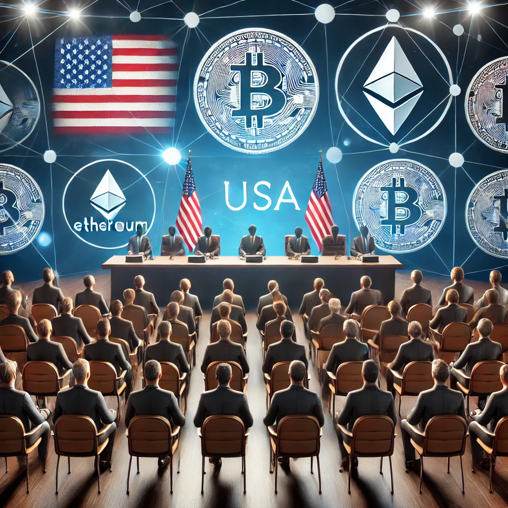 L'immagine rappresenta un contesto di conferenza con simboli di criptovalute come Bitcoin ed Ethereum sullo sfondo, riflettendo l'importanza del settore cripto nelle elezioni presidenziali degli Stati Uniti del 2024.