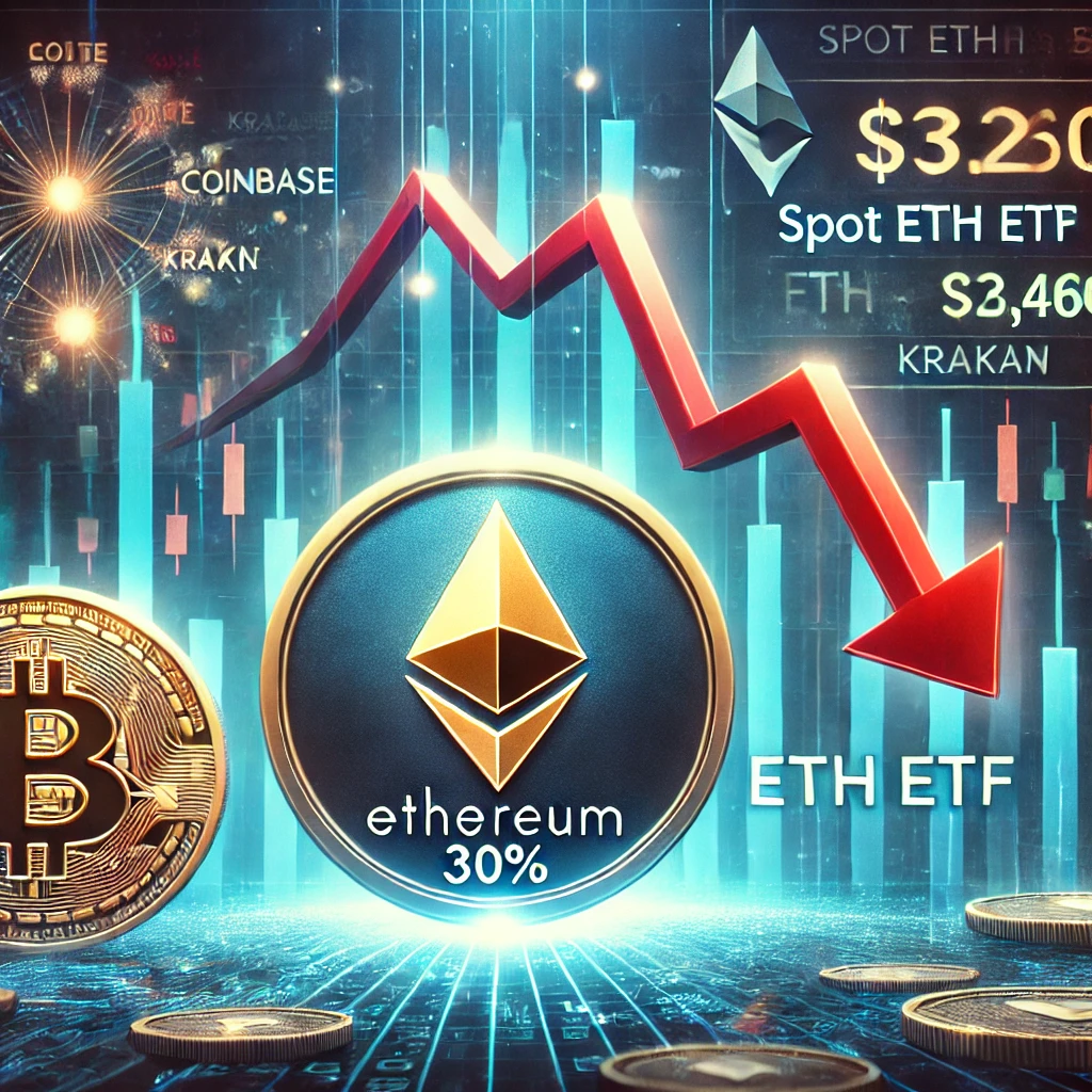 L'immagine rappresenta una scena dinamica che mostra la previsione di un calo del prezzo di Ethereum dopo il lancio dell'ETF Spot ETH.