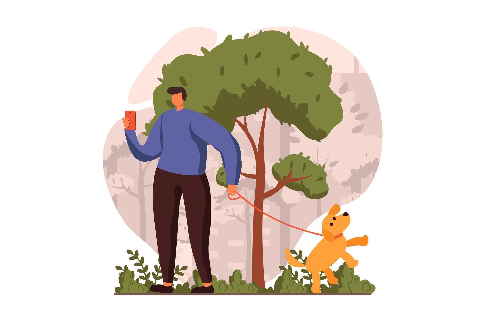 padrone distratto, cane, guinzaglio, smartphone, parco, responsabilità, animali domestici, città