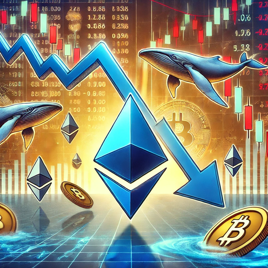 L'immagine rappresenta una scena dinamica che illustra il calo del prezzo di Ethereum a causa delle vendite da parte dei principali investitori.