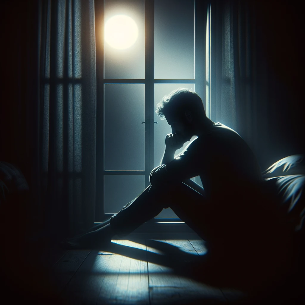 figura solitaria seduta vicino a una finestra scarsamente illuminata
