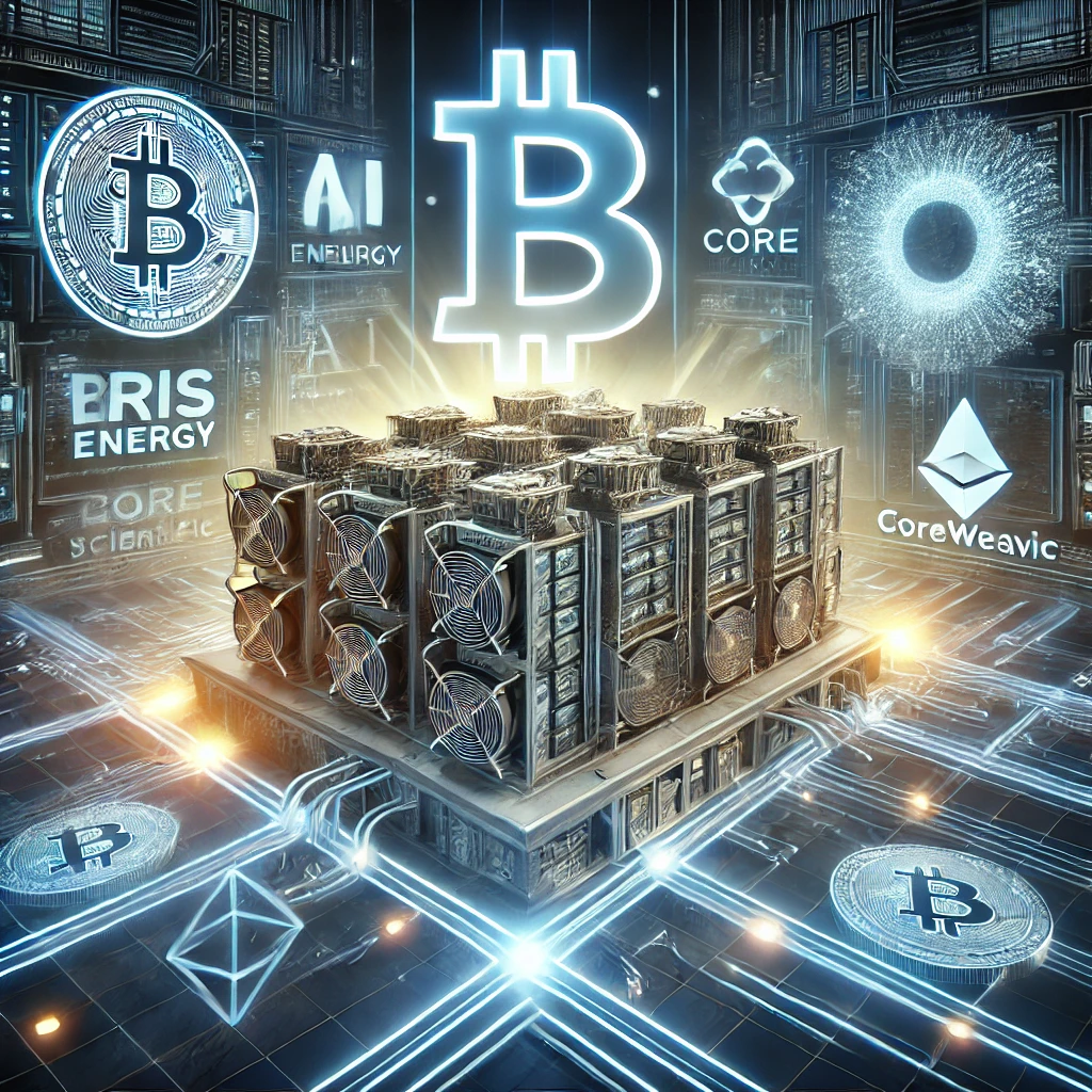 L'immagine rappresenta una scena dinamica che mostra l'intersezione tra il mining di Bitcoin e l'intelligenza artificiale.