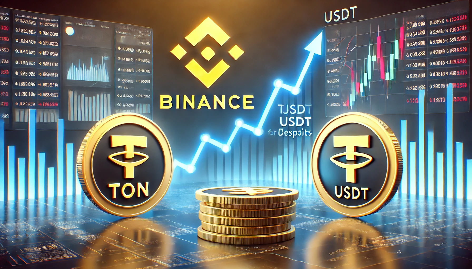 Un'immagine che mostra i loghi di Binance, TON e Tether (USDT) insieme
