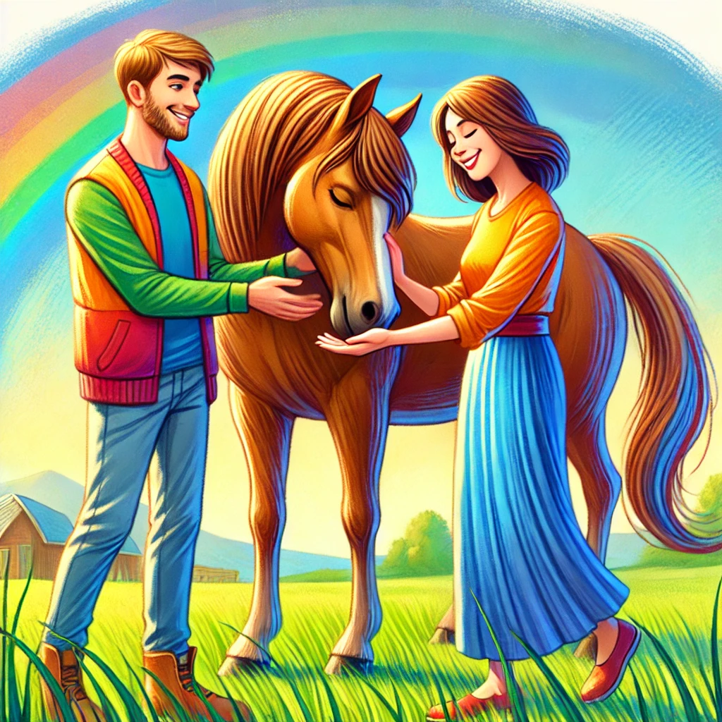 Un'illustrazione raffigurante una persona che riceve in dono un cavallo e lo accarezza con gratitudine, senza controllarne la bocca. Il donatore è al suo fianco, sorridendo soddisfatto del gesto generoso.