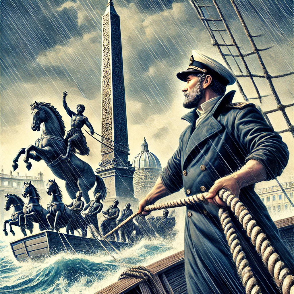 Una illustrazione raffigurante un capitano determinato che ordina di bagnare le corde di un bastimento durante una tempesta. Sullo sfondo, un obelisco imponente in Piazza San Pietro, con cavalli e uomini che tirano le corde per sollevarlo. Le corde bagnate appaiono più robuste e resistenti, simbolizzando la risolutezza e la prontezza nel superare le difficoltà.