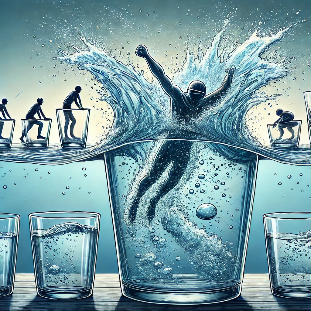 Una illustrazione raffigurante una persona che cerca di nuotare in un grande bicchiere d'acqua, con onde e schizzi che mostrano uno sforzo eccessivo per rimanere a galla. Sullo sfondo, altri bicchieri d'acqua più piccoli rappresentano problemi semplici che vengono affrontati con calma.