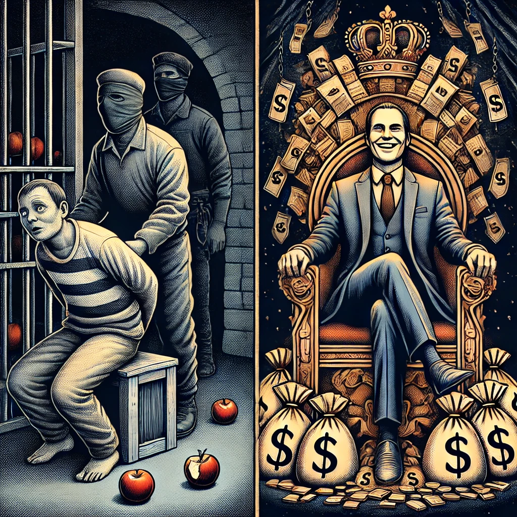 Un’illustrazione con due scene a confronto: da un lato, una figura umile che viene arrestata per aver rubato una mela; dall’altro, un uomo in giacca e cravatta che sorride seduto su un trono fatto di sacchi di denaro. L’immagine simboleggia l’ipocrisia del sistema giudiziario e sociale.