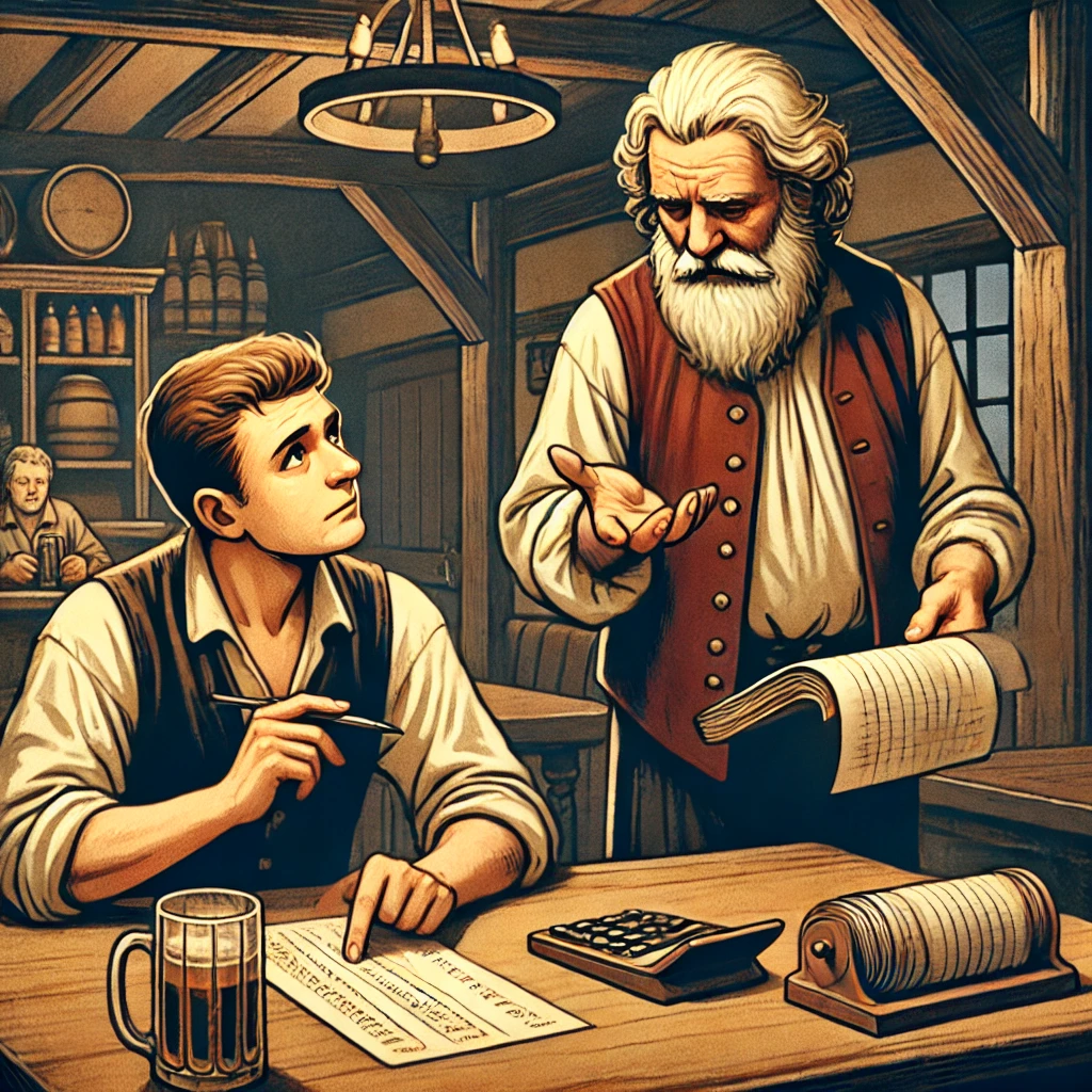 Un'illustrazione raffigurante un cliente seduto al tavolo di una locanda, intento a fare calcoli su un foglio, mentre l'oste, in piedi accanto a lui con un'espressione paziente, tiene in mano un registro. Il cliente appare confuso, rendendosi conto che i suoi conti non tornano senza le informazioni dell'oste.