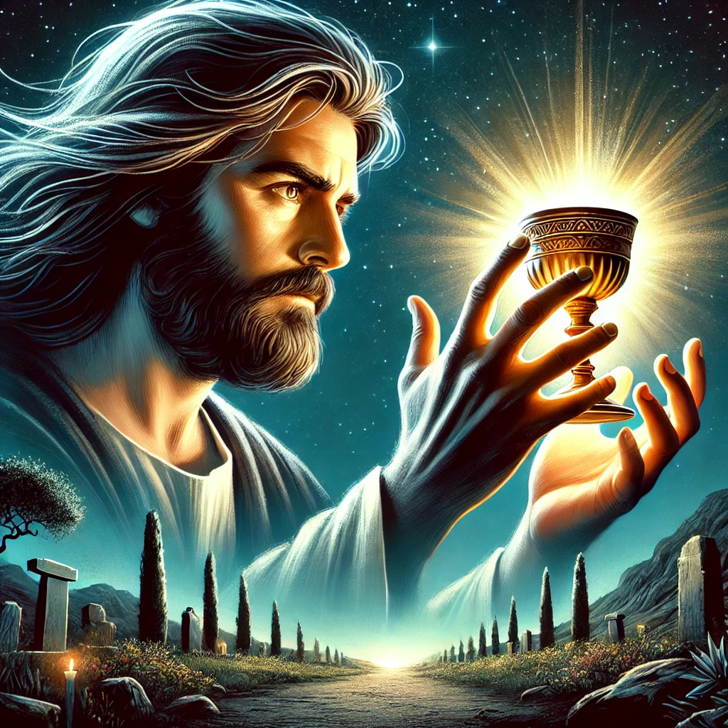 Una illustrazione raffigurante Gesù nell'orto dei Getsemani, con uno sguardo determinato e risoluto, mentre allontana simbolicamente un calice luminoso dalle Sue mani. Sullo sfondo, l'ambiente notturno dell'orto, con stelle brillanti e un'atmosfera di calma, contrastando con l'intensità emotiva della scena.