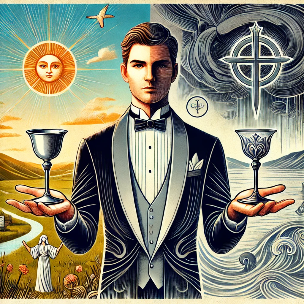 Una illustrazione raffigurante un ambasciatore elegante che tiene in mano un calice vuoto, simbolo delle responsabilità e delle difficoltà nel suo ruolo. Dietro di lui, un paesaggio diviso tra un ambiente sereno e uno turbolento, rappresentando le notizie spiacevoli che deve comunicare. Intorno all'ambasciatore, simboli di pace e conflitto per evidenziare la dualità del suo compito.