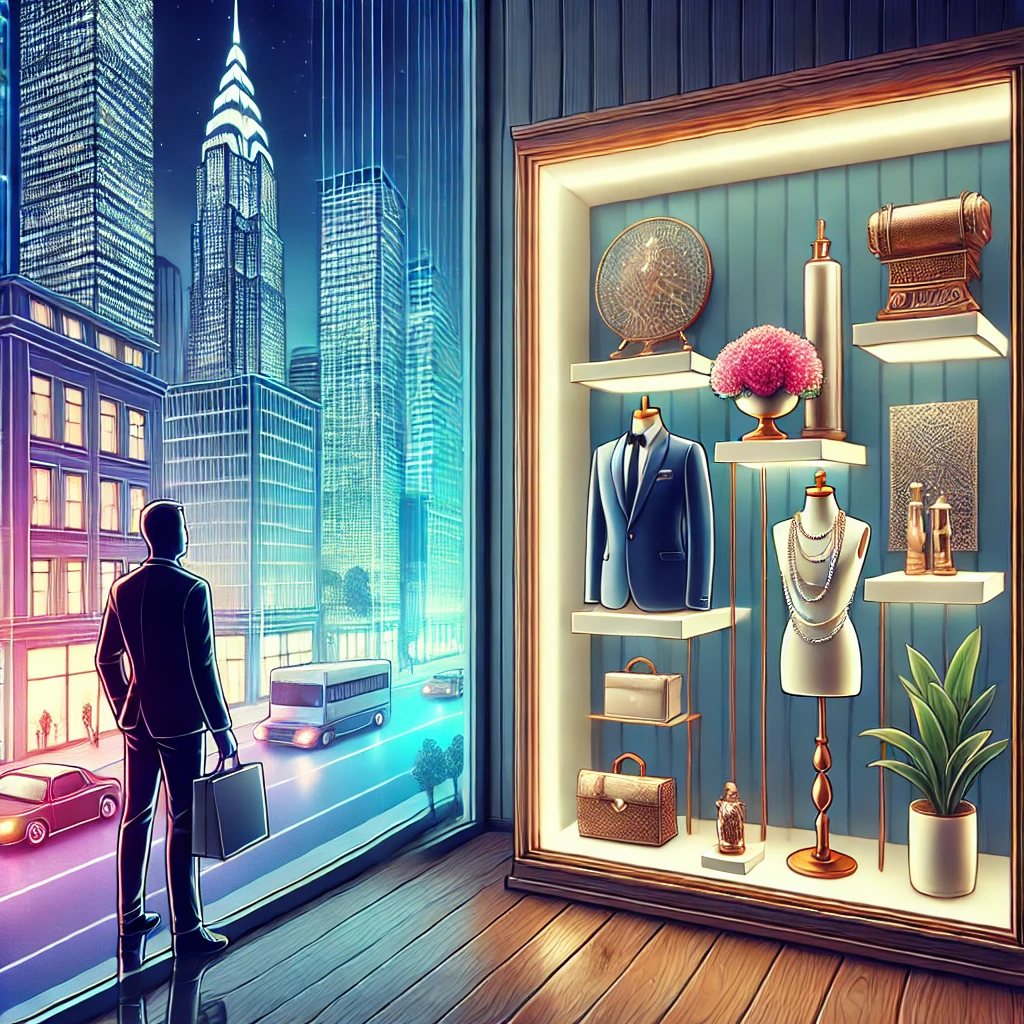 Una illustrazione raffigurante una vetrina di negozio ben curata con oggetti eleganti e attraenti, accanto a un cliente che ammira la presentazione. Sullo sfondo, una città moderna con edifici lucenti e luci colorate, evidenziando il contrasto tra la bellezza visiva e la vita quotidiana.