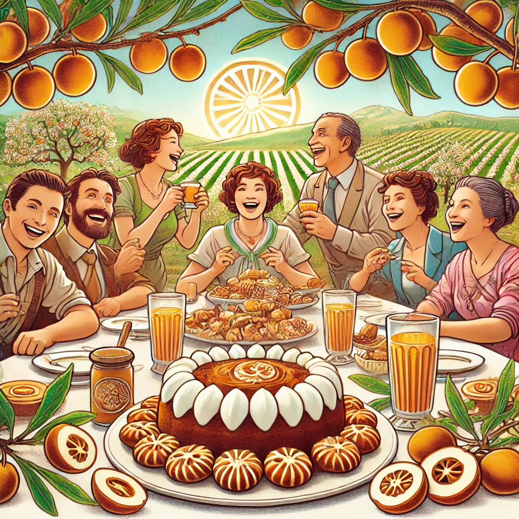 Una illustrazione raffigurante una tavola imbandita con dolci a base di giuggiole, circondata da persone sorridenti e felici che festeggiano. Sullo sfondo, un paesaggio sereno con alberi di giuggiole in fiore, simboleggiando l'abbondanza e la dolcezza della vita. Le persone interagiscono in modo gioioso, evidenziando il concetto di "andare in brodo di giuggiole" attraverso la celebrazione e il piacere condiviso.