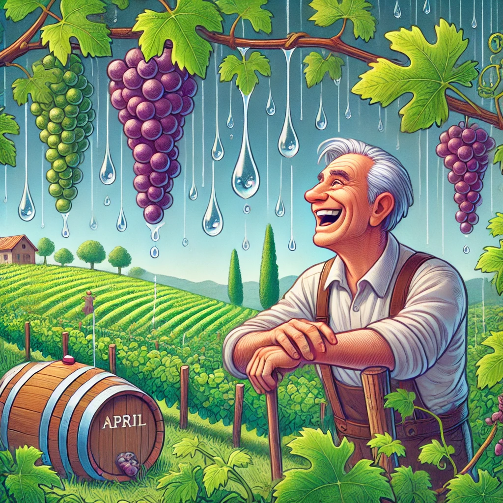 Una illustrazione raffigurante un vigneto rigoglioso sotto la pioggia di aprile, con grappoli d'uva lucenti e foglie verdi. In primo piano, un contadino sorride mentre osserva le gocce di pioggia cadere sulle viti, simbolizzando la prosperità e la dolcezza del raccolto. Sullo sfondo, un barile pieno di uva rappresenta il proverbio "ogni goccia un barile", evidenziando come ogni pioggia contribuisca al successo della produzione vinicola.