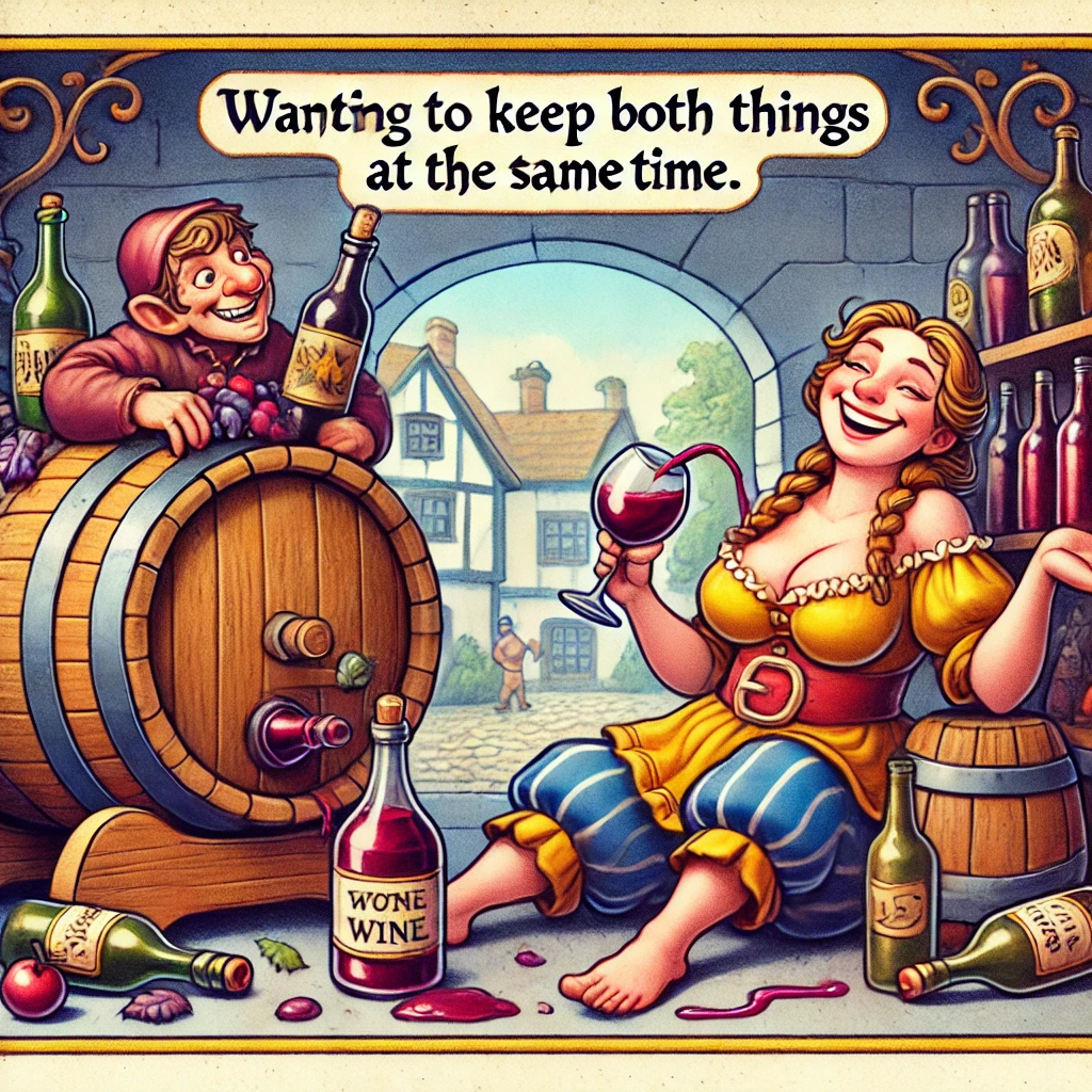 Un’illustrazione di una botte piena di vino con accanto una donna allegra e visibilmente ubriaca. L’immagine enfatizza l’ironia del desiderio di trattenere entrambe le cose contemporaneamente, con una sfumatura di umorismo.