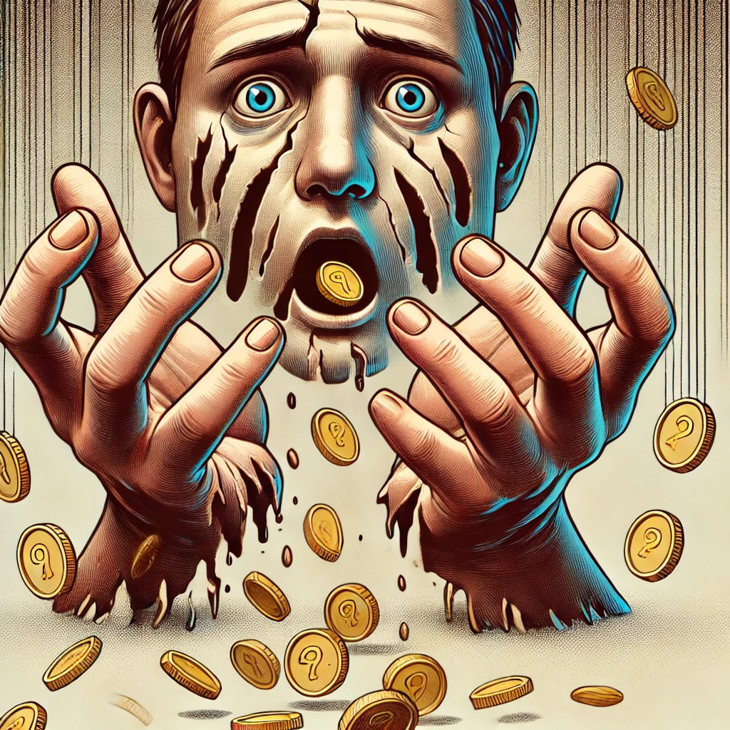 Un’illustrazione raffigurante una persona con le mani forate, dalle quali cadono monete che si disperdono sul pavimento. L’espressione della persona è un misto di sorpresa e preoccupazione, evidenziando l’incapacità di trattenere il denaro.
