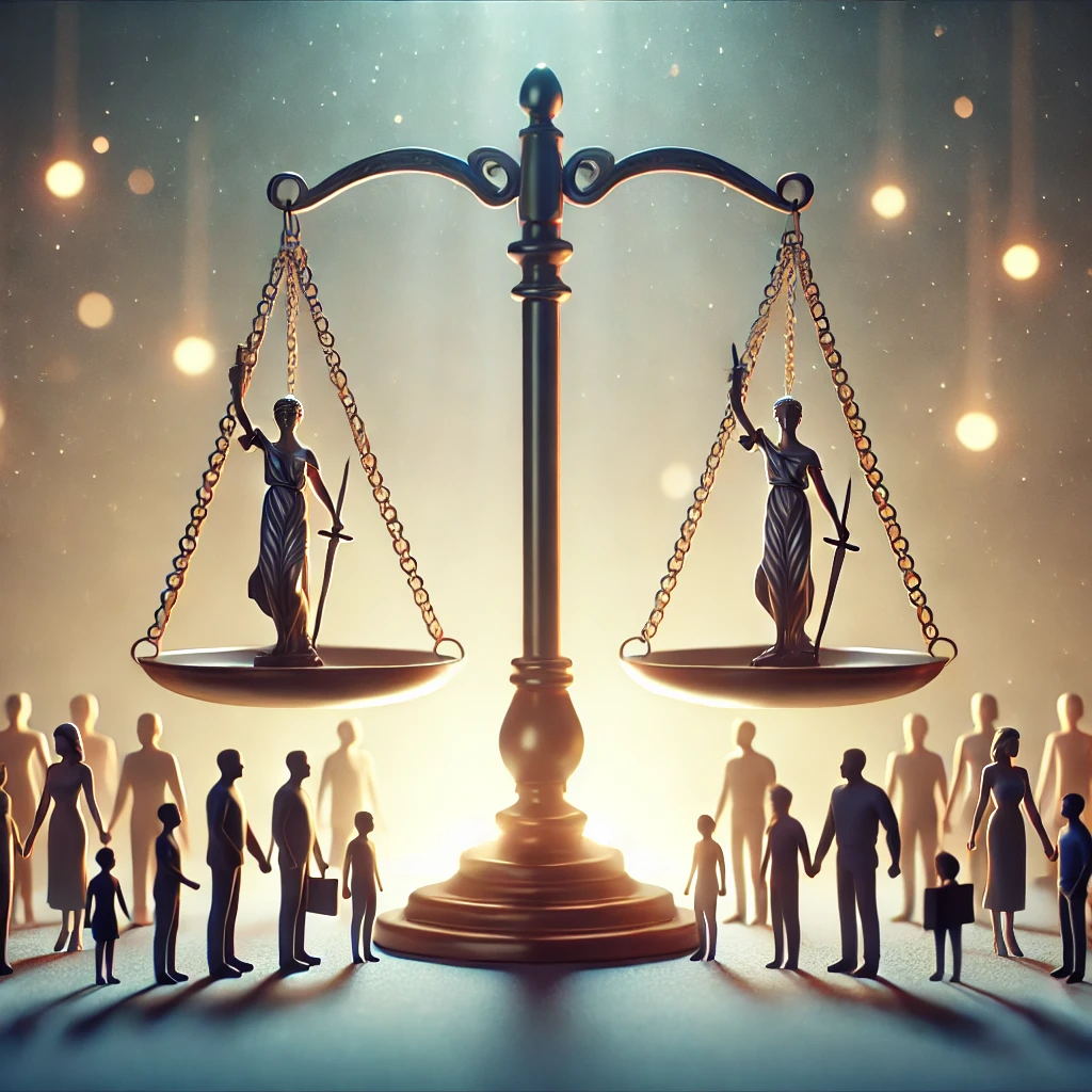Un'illustrazione raffigurante una bilancia della giustizia perfettamente equilibrata, con persone su entrambi i piatti che ricevono ciò che è loro dovuto, simbolizzando l'equità e la giustizia.