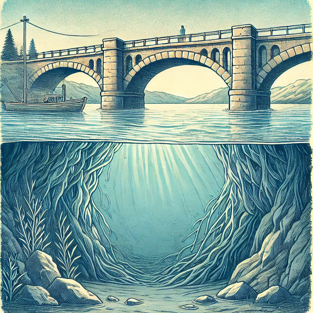 Un’illustrazione che mostra un fiume calmo sotto un ponte di pietra. Sotto la superficie tranquilla, però, si vedono correnti potenti e nascoste che lentamente erodono le fondamenta del ponte, evocando il concetto di forza nascosta dietro un’apparenza serena.