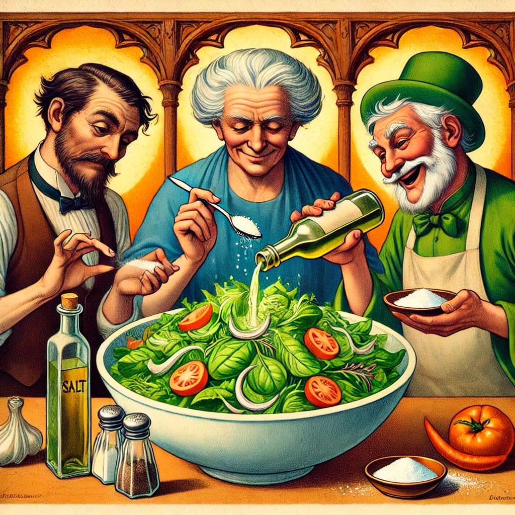 Un’illustrazione raffigurante tre personaggi archetipici: l’avaro (magro e attento) che versa poche gocce di aceto, il giusto (equilibrato) che dosa il sale con precisione, e il “pazzo” (dall’aspetto gioviale) che aggiunge generosamente olio su un’insalatiera ricolma di fresche verdure. Tutti sorridono, a simboleggiare la convivialità e la soddisfazione di un condimento ben riuscito.