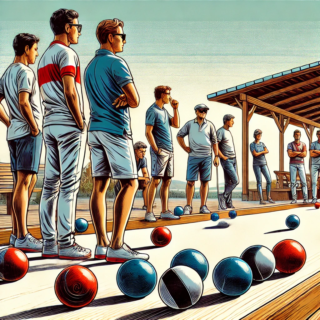 Una scena di un campo di bocce dove alcune bocce stanno ancora rotolando verso il pallino, mentre i giocatori osservano con attenzione da vicino. Solo quando tutte le bocce saranno ferme sarà possibile stabilire con esattezza la distanza di ciascuna dal bersaglio e, di conseguenza, il punteggio.