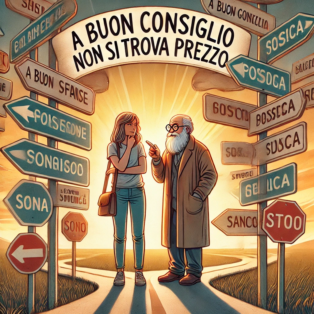 Un’illustrazione raffigurante una persona in un incrocio di strade, confusa sul percorso da intraprendere, mentre un amico o un saggio gli indica una direzione con un sorriso. Sullo sfondo, cartelli con molteplici vie, e sopra la coppia campeggia un cartiglio con la scritta "A buon consiglio non si trova prezzo."