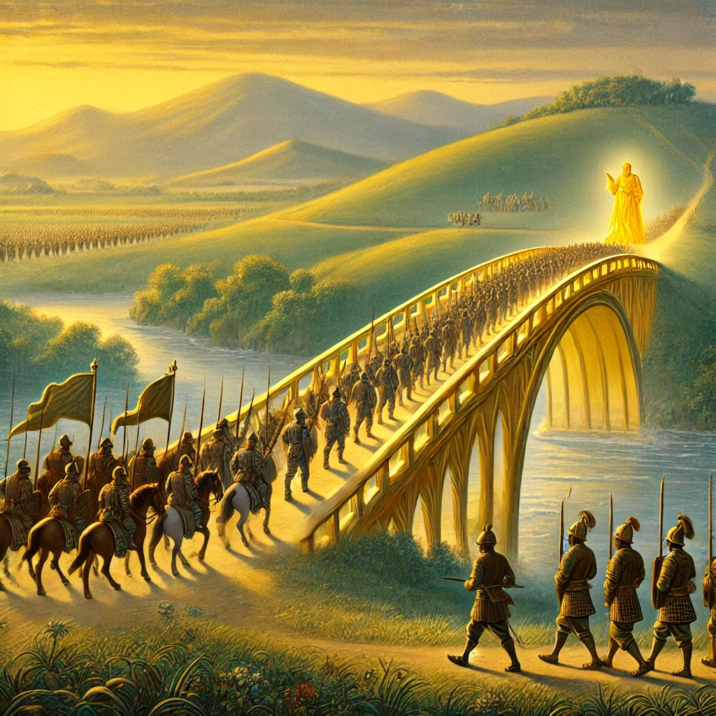 Un'illustrazione raffigurante un esercito in ritirata che attraversa un ponte dorato, mentre l'esercito vittorioso osserva dalla collina, scegliendo di non ostacolare il passaggio e favorendo la pace.