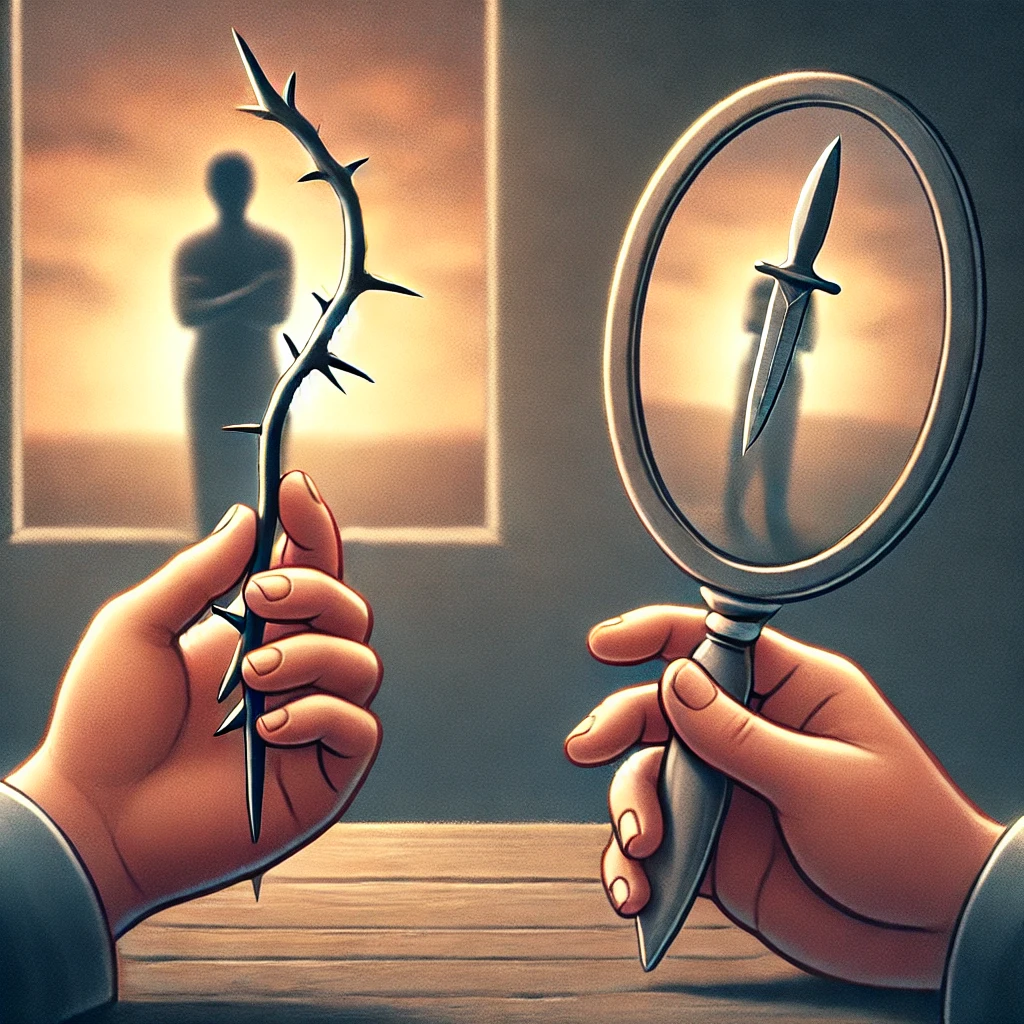 Un’illustrazione che raffigura due mani: una tiene una spina (simbolo dell’ironia) e l’altra un coltello (simbolo della stupidità). Sullo sfondo, una figura riflessiva osserva le due mani, a simboleggiare la necessità di discernere tra le due forze.