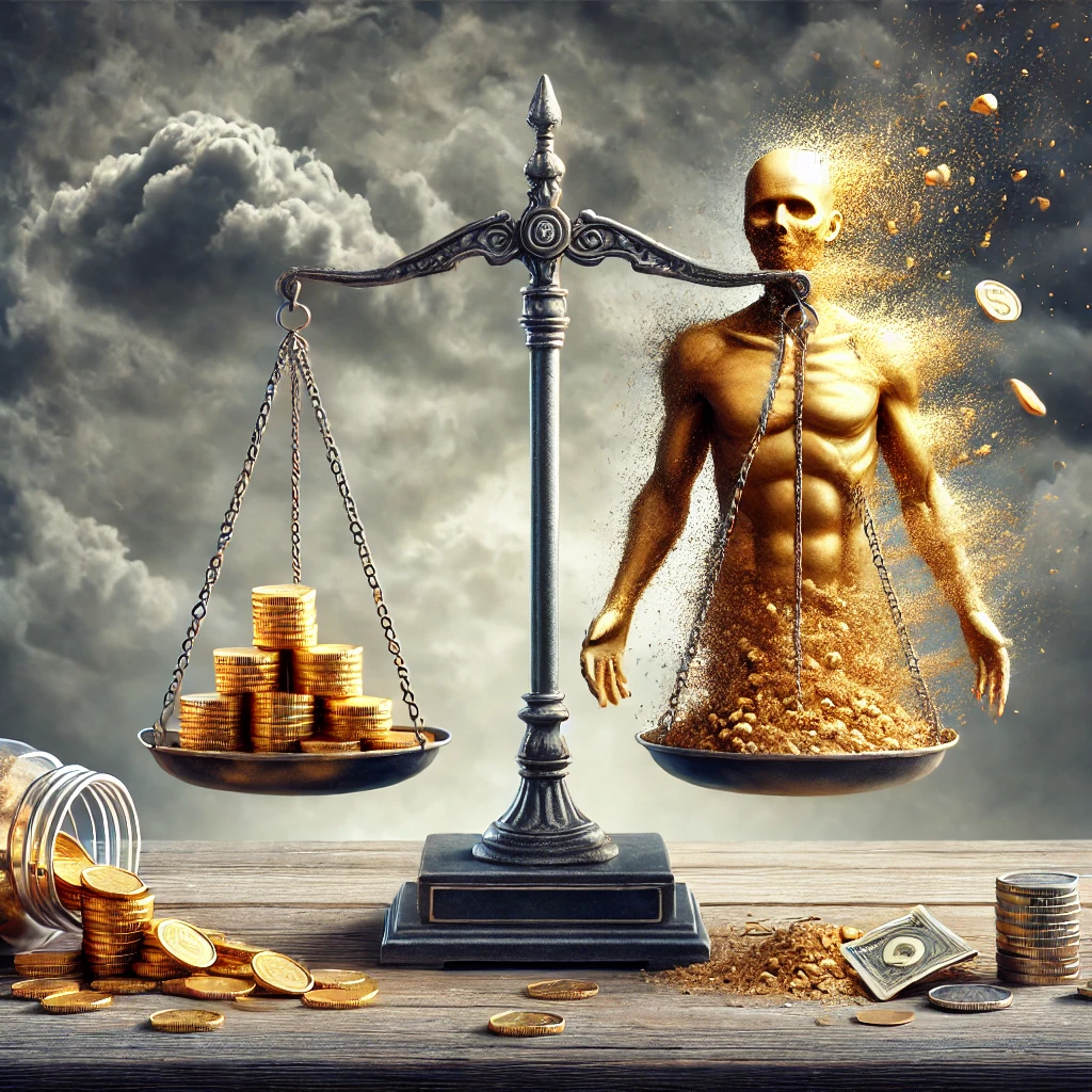  Una bilancia con da un lato una pila di monete d’oro e dall’altro una figura umana che si dissolve, simboleggiando la perdita dell’umanità a causa dell’avidità. Sullo sfondo, un cielo grigio e cupo sottolinea l’atmosfera di conflitto morale.