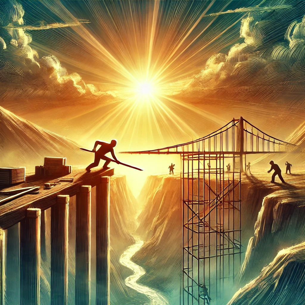 Una figura umana che, con pochi strumenti a disposizione, costruisce un ponte per superare un abisso. Sullo sfondo, la luce del sole simboleggia la speranza e l’innovazione che nascono dalla necessità.