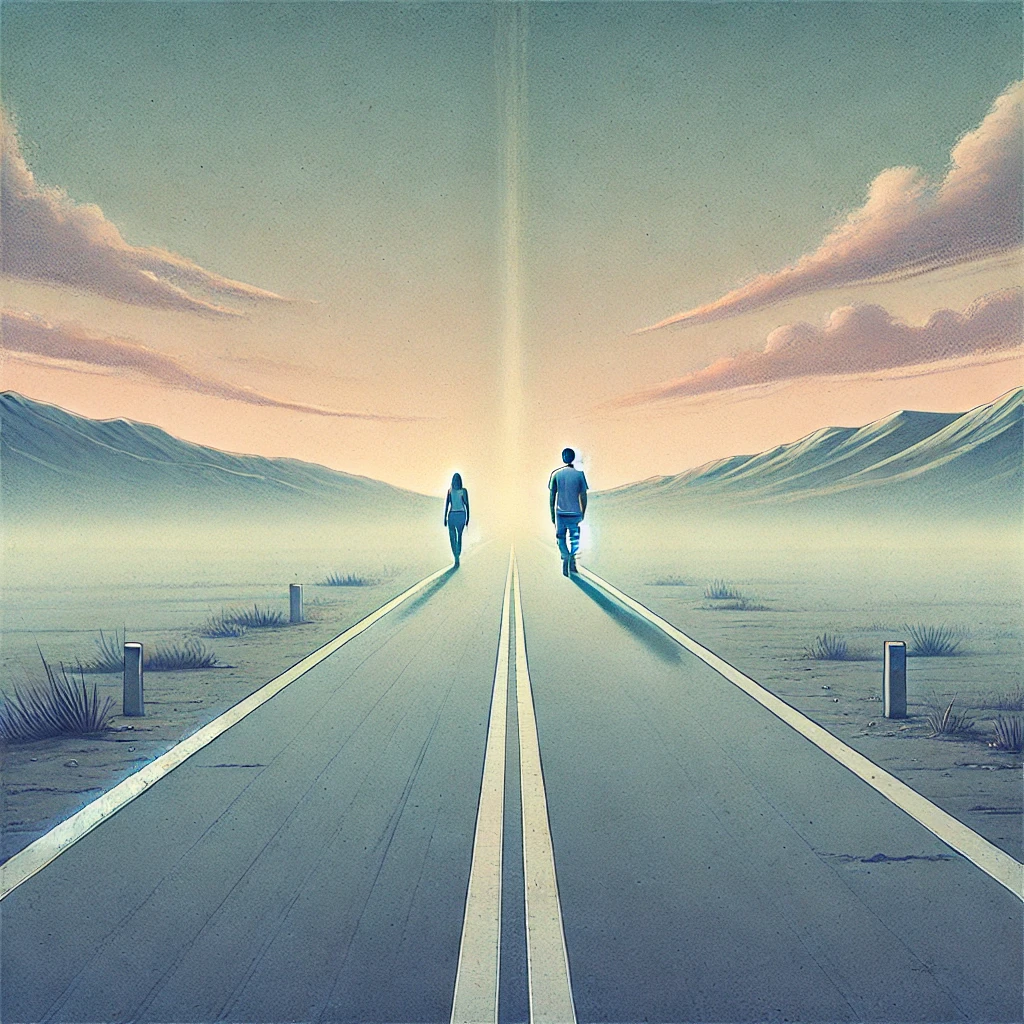 Una strada deserta che si estende verso l'orizzonte, con due figure umane che si allontanano in direzioni opposte. Sullo sfondo, il paesaggio si dissolve in una foschia, simbolo dell'oblio e del distacco emotivo che avviene con la distanza.