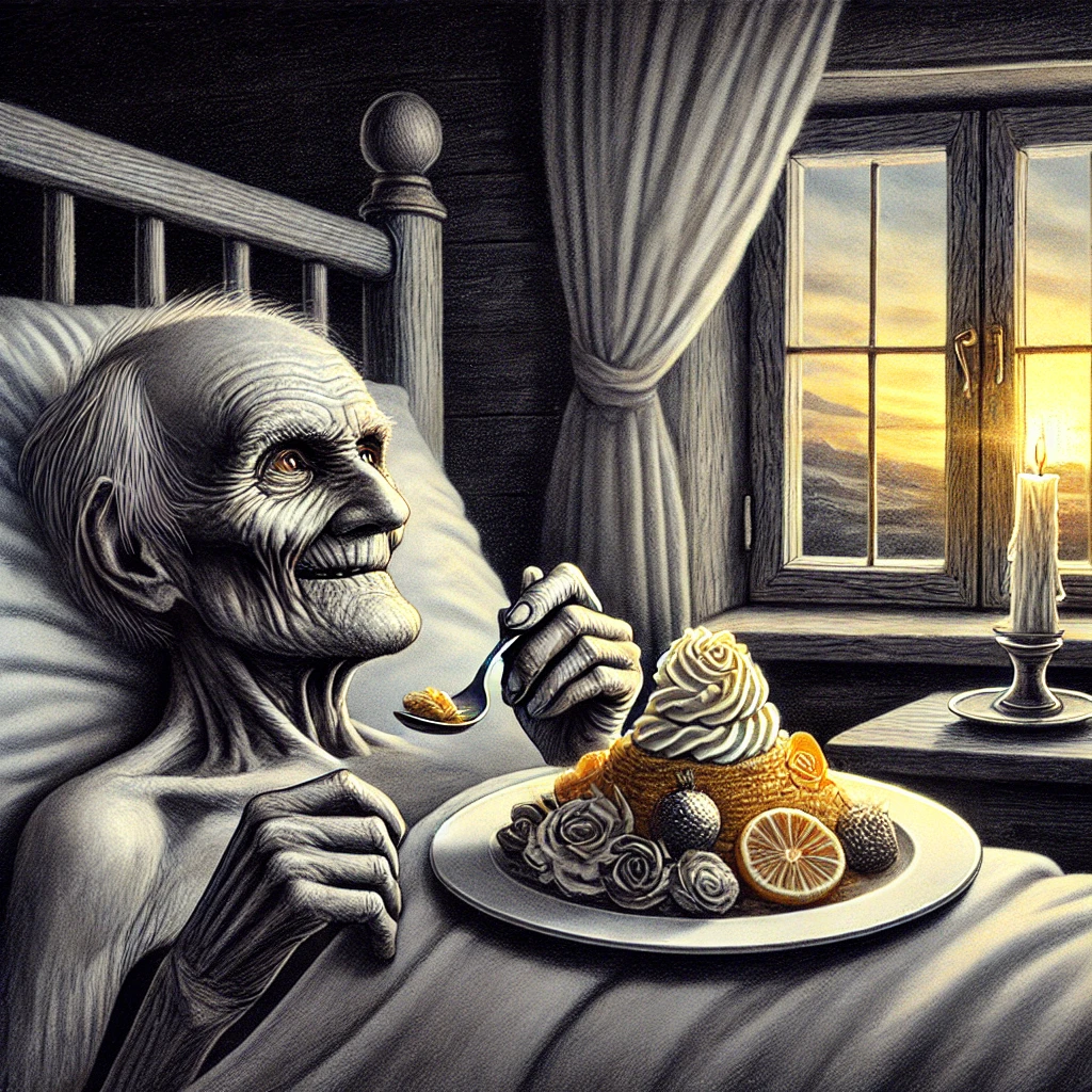 Un vecchio, disteso su un letto, con gli occhi brillanti di desiderio mentre guarda un piatto pieno di cibo pregiato, nonostante il suo corpo sia visibilmente debole. Sullo sfondo, una finestra che mostra la luce della vita che sta per svanire, riflettendo l’egoismo e il desiderio insaziabile anche di fronte alla fine.