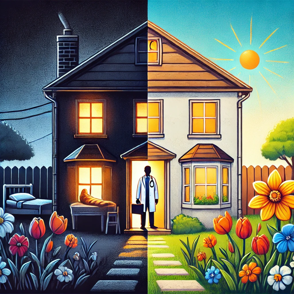 Un’illustrazione che mostra una casa buia con un medico sulla porta, mentre, in contrasto, accanto c’è una casa luminosa e soleggiata, con fiori e un’atmosfera di benessere. L’immagine simboleggia la differenza tra un ambiente salubre e uno malsano.