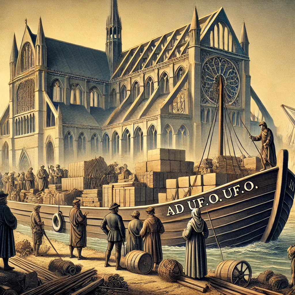 Un'illustrazione raffigurante un barcone con la scritta "Ad uf.O" che trasporta materiali per la costruzione di un cattedrale. Sullo sfondo, lavoratori che osservano il barcone con gratitudine, simbolizzando l'uso gratuito delle risorse per un'opera comune.