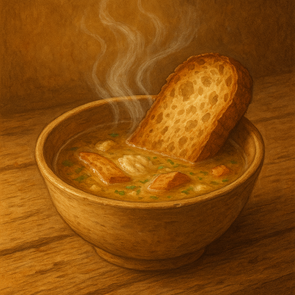 Una scodella fumante di zuppa contadina, con pane raffermo immerso nel brodo, su una tavola rustica di legno, illuminata da una luce calda che richiama la semplicità domestica.