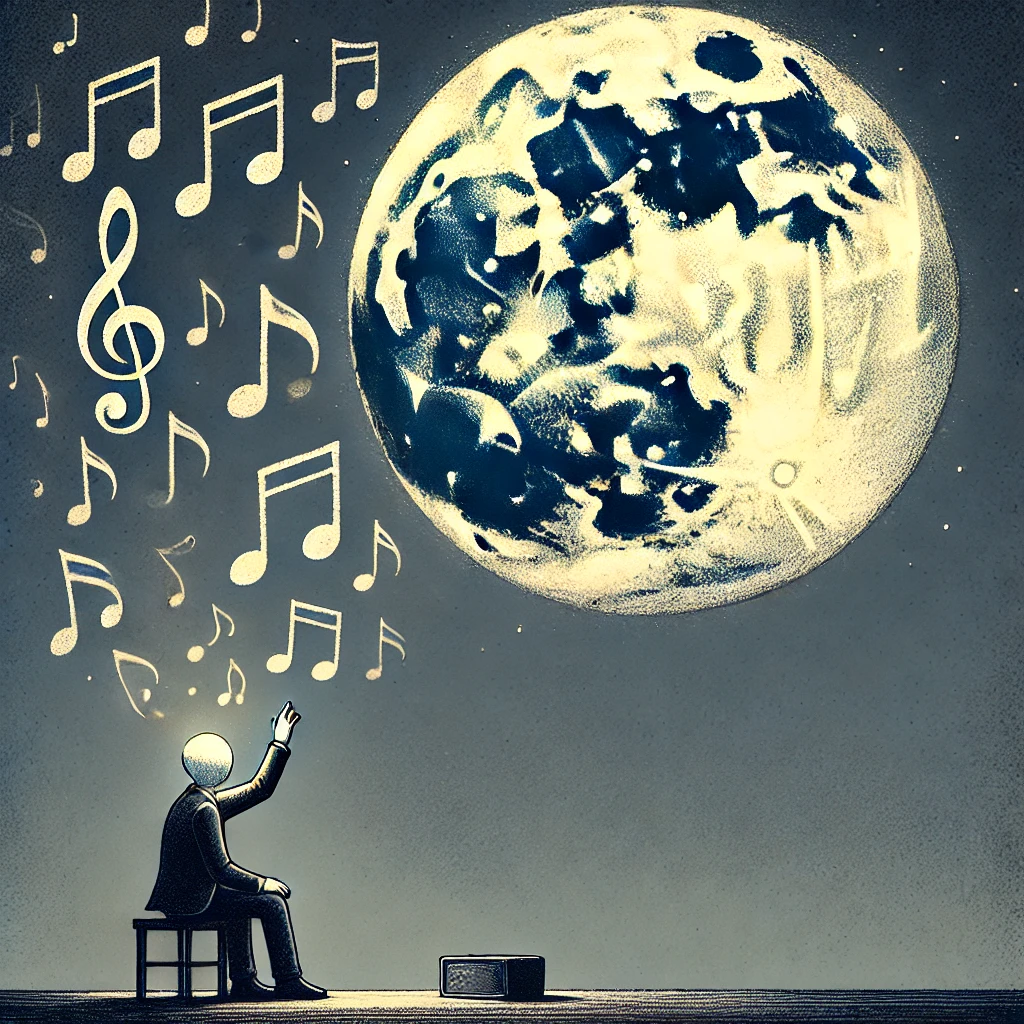 Una illustrazione raffigurante una persona seduta sotto la luna che tenta di parlare o cantare, mentre la luna rimane impassibile e lontana. Intorno alla persona, note musicali o parole fluttuano nell'aria senza essere ascoltate, simboleggiando l'inutilità dello sforzo.