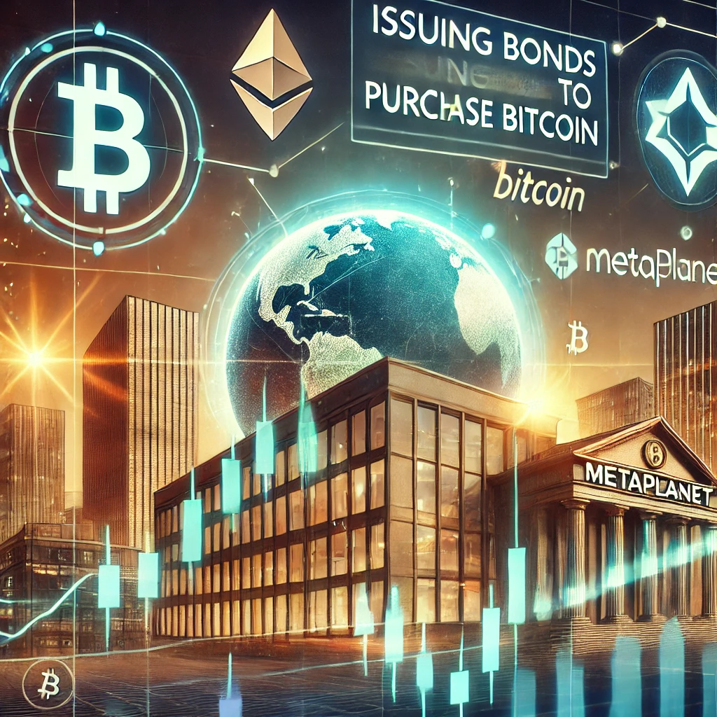 L'immagine rappresenta una scena dinamica che illustra l'emissione di obbligazioni da parte di Metaplanet per l'acquisto di Bitcoin.