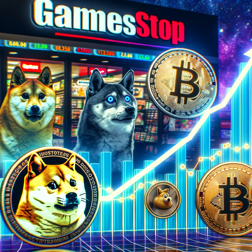 Un grafico che mostra l'aumento delle azioni GameStop e delle crypto meme come Dogecoin, Shiba Inu e Pepe Coin