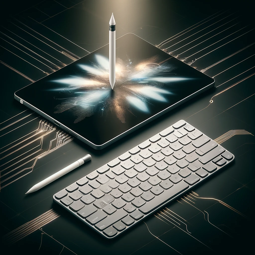 omposizione artistica che mostra la nuova Apple Pencil Pro e la Magic Keyboard
