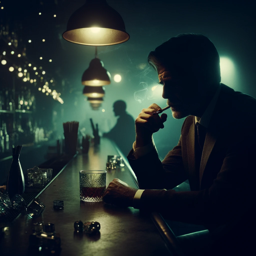 scena malinconica e suggestiva in un bar scarsamente illuminato