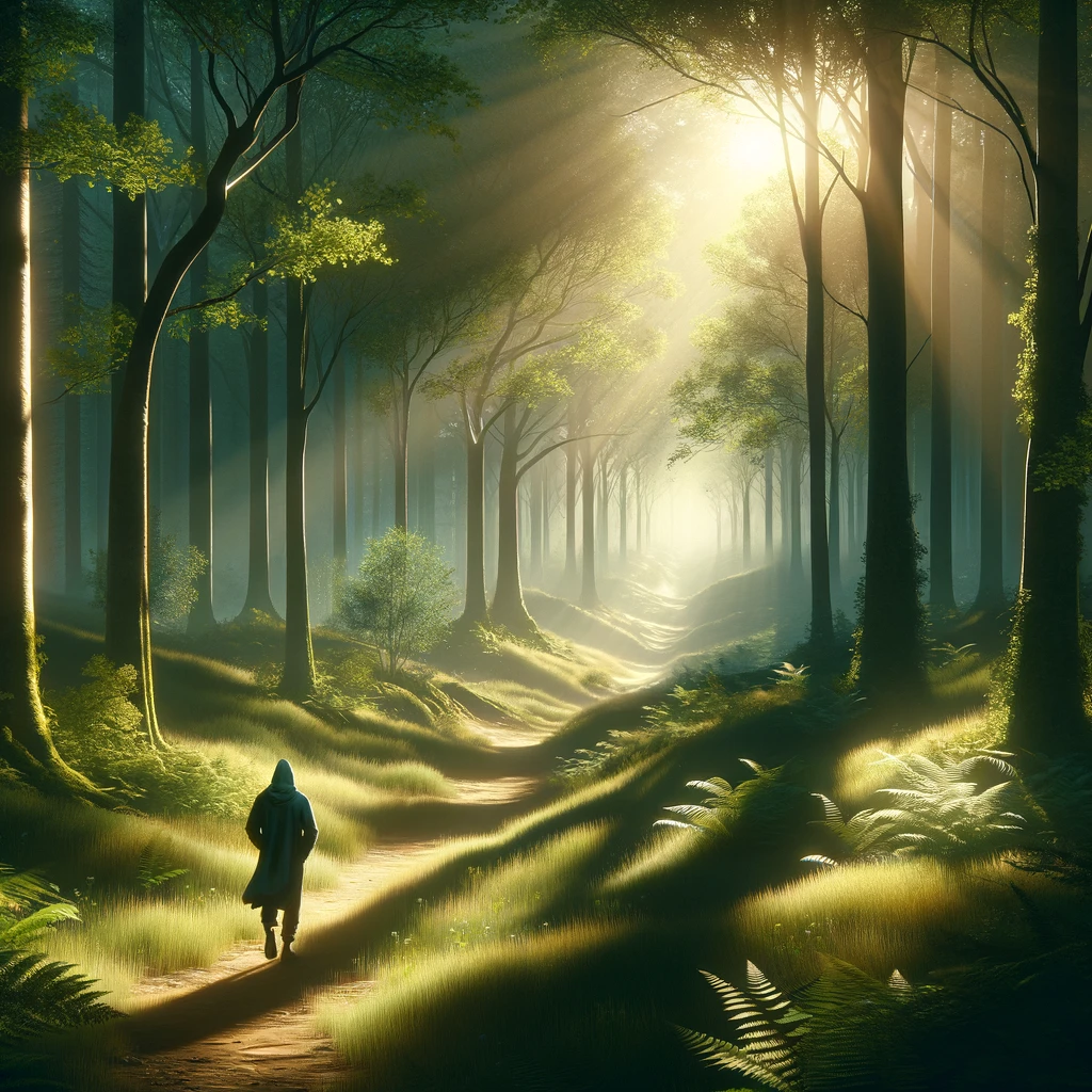 un individuo solitario che cammina attraverso una foresta