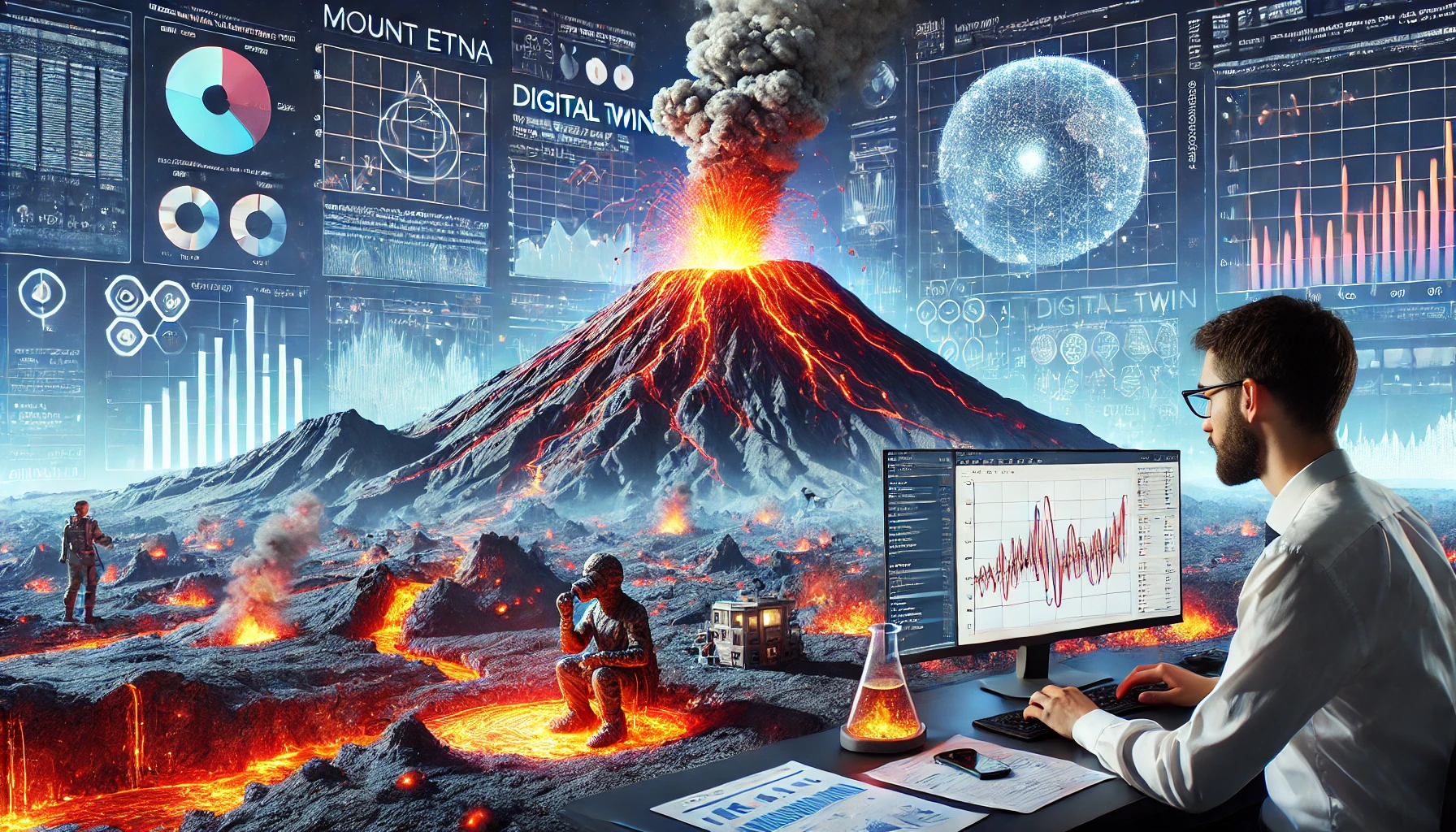 Un'immagine che mostra l'Etna in eruzione con un gemello digitale a fianco