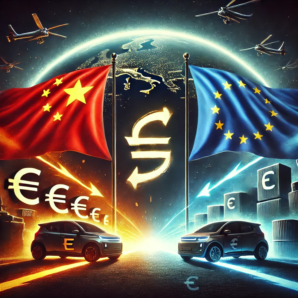 L'immagine rappresenta una scena drammatica che illustra le crescenti tensioni commerciali tra la Cina e l'Unione Europea