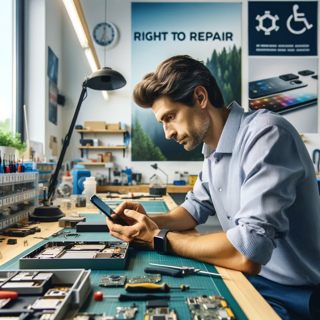 Un tecnico in un'officina di riparazioni elettroniche in Europa lavora su un dispositivo elettronico. L'officina è moderna e attrezzata, con un'enfasi su pratiche sostenibili e promozione del diritto alla riparazione.