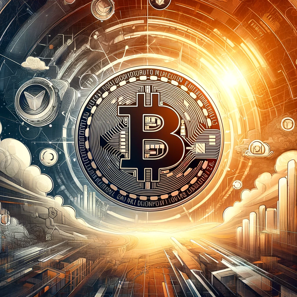 simboli della blockchain, del mining, e la moneta iconica di Bitcoin, con uno sfondo che evoca tecnologia e innovazione