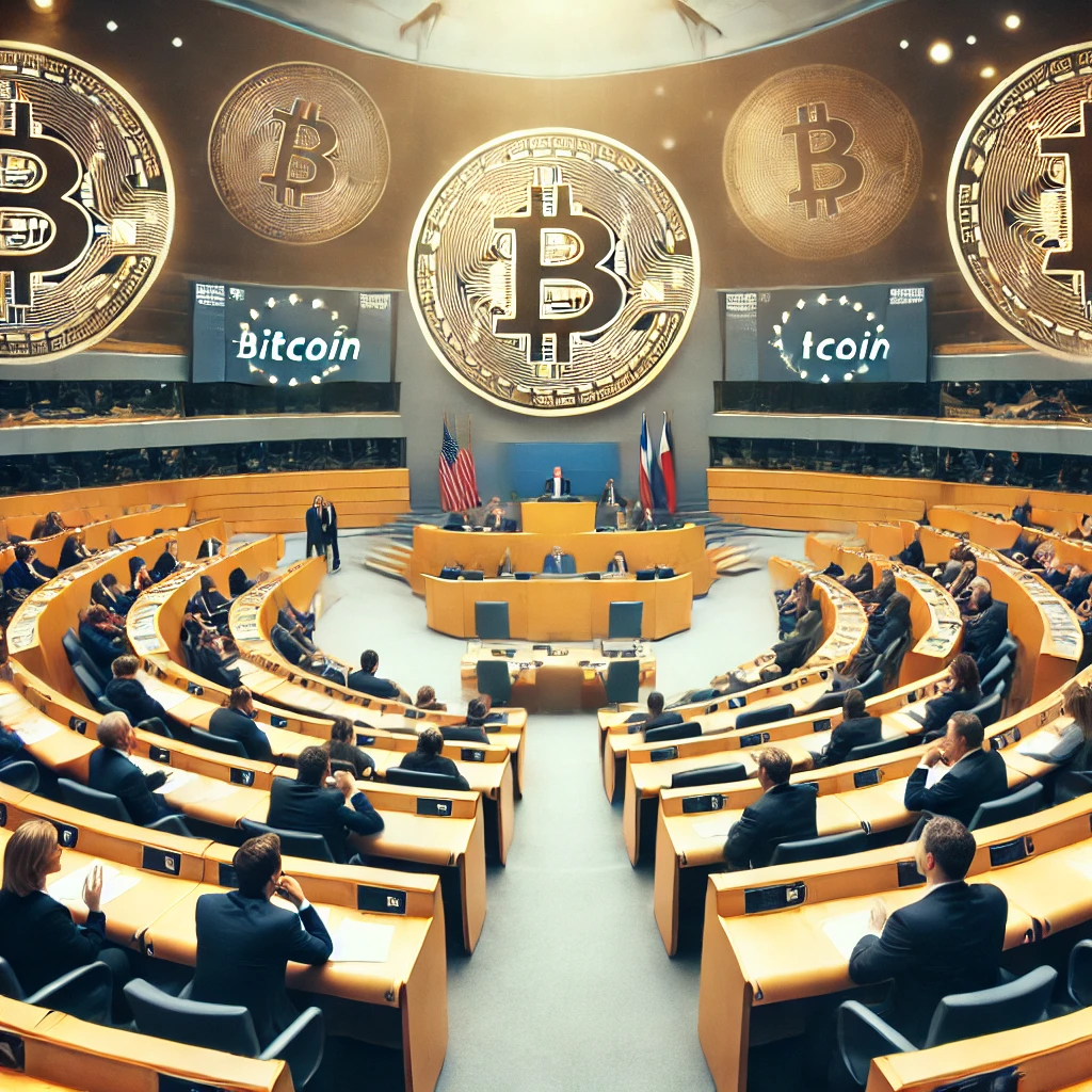 aula parlamentare, con simboli di Bitcoin