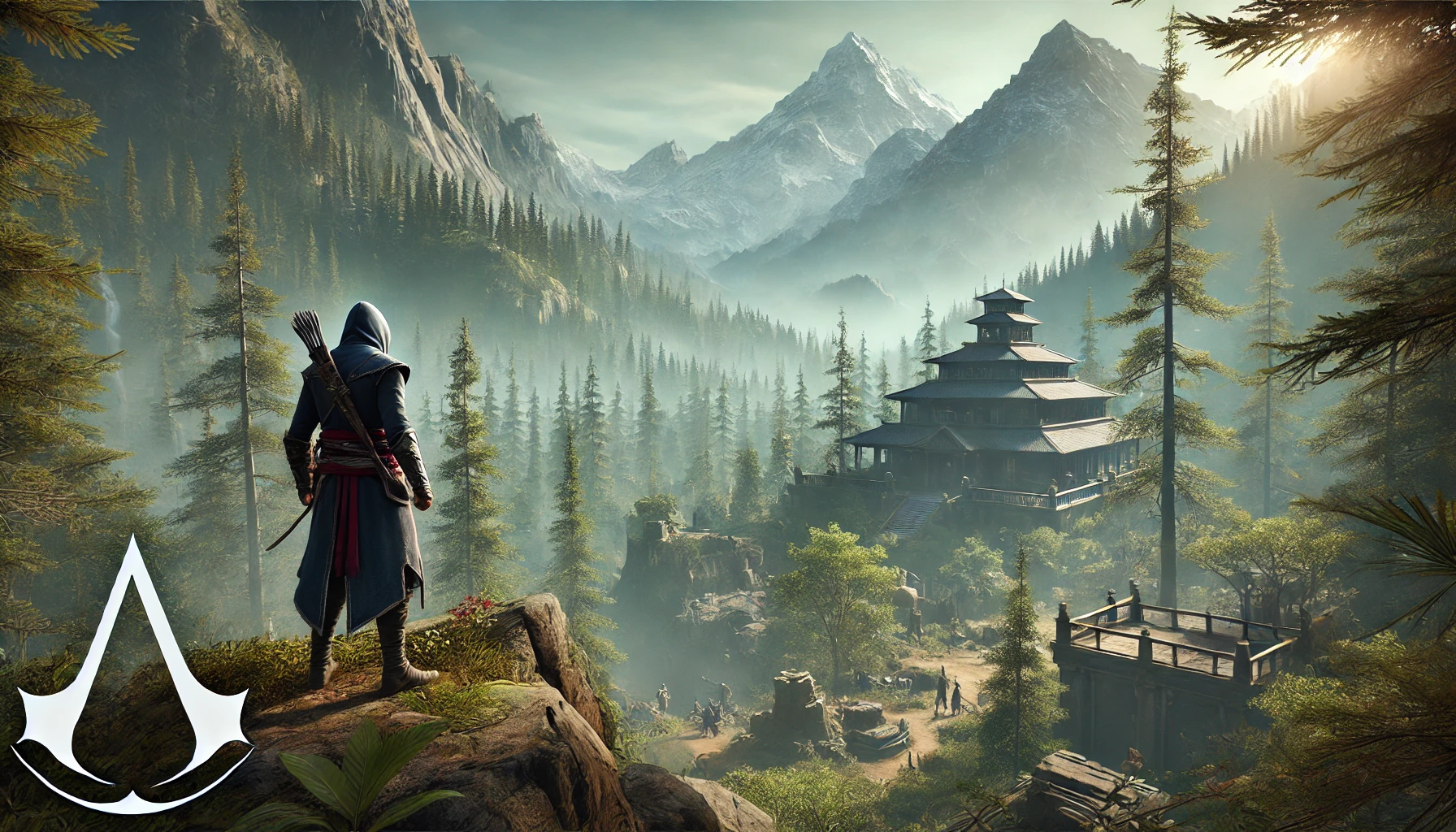Paesaggio suggestivo di Assassin’s Creed Shadows, con un rifugio (kakurega) immerso nella natura e un protagonista che osserva il panorama da un’altura.